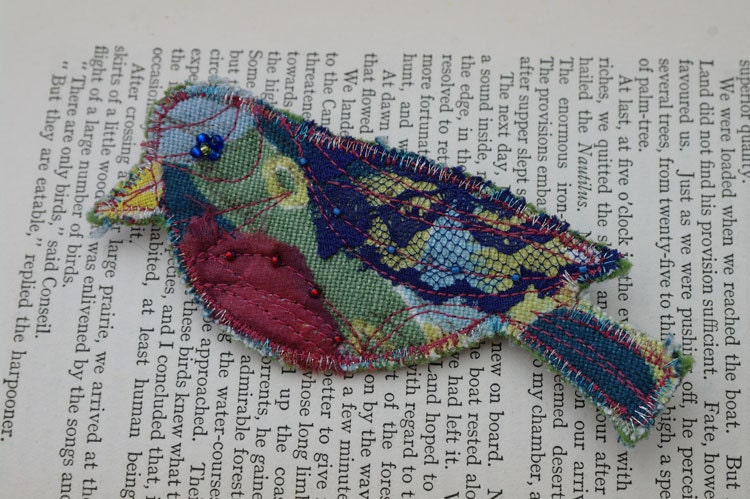 Fabric Bird Brooch, green bird, chaffinch, garden bird, bird jewellery, recycled, repurposed, upcycled, textile jewellery