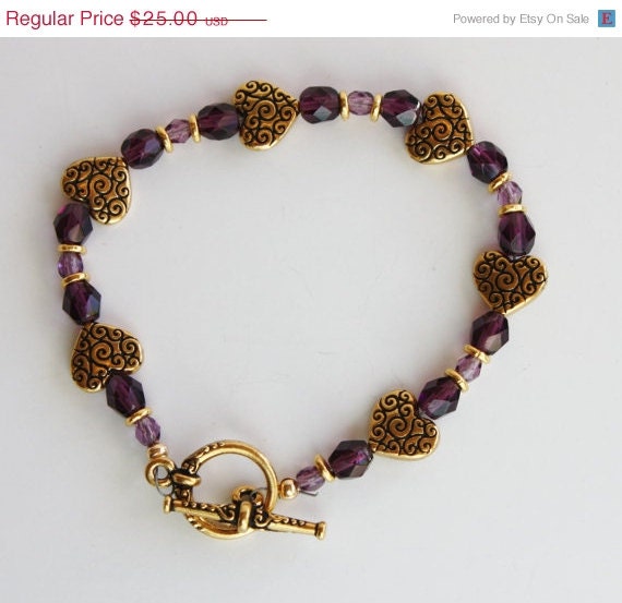 ON SALE Purple Amethyst beaded bracelet /Toggle Clasp bracelet / Gold hearts/ handmade bracelet / Fashion Jewelry