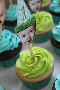 Photo cupcake toppers in blue and green personalized birthday hat