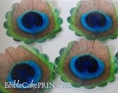 16 Beautiful Pre-Cut Scalloped Edible Peacock Feathers - cupcake or cookie toppers - Green/Gold/Blue Scalloped Peacock Feathers