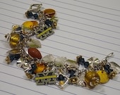 Michigan  University Charm Bracelet, football charm, gold & navy team colors, golden glass beads incased in silver cages, navy beadwork