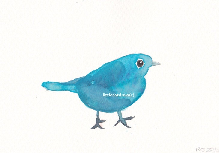 Bird Print Blue Birdy - Art Print Watercolor - littlecatdraw