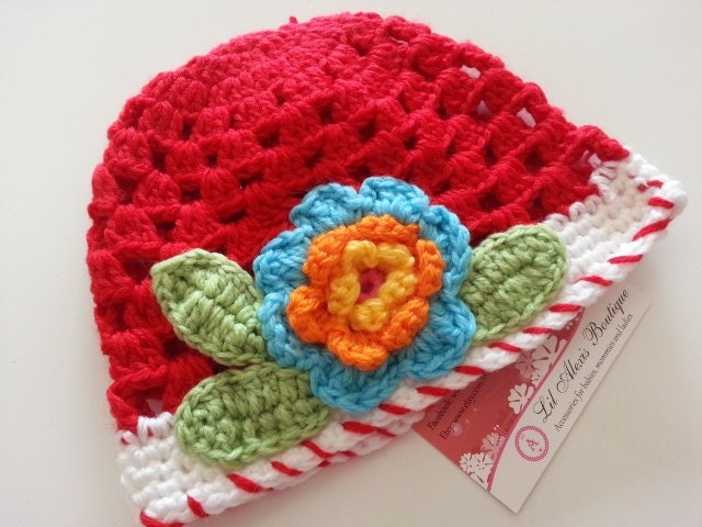 Red crochet hat with blue orange yellow crochet flowers for baby infant newborn girl fall winter photo prop