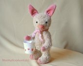 Artist teddy bunny rabbit, ooak hard stuffed small old school shabby white German mohair bunny with miniature hand painted strawberry bucket