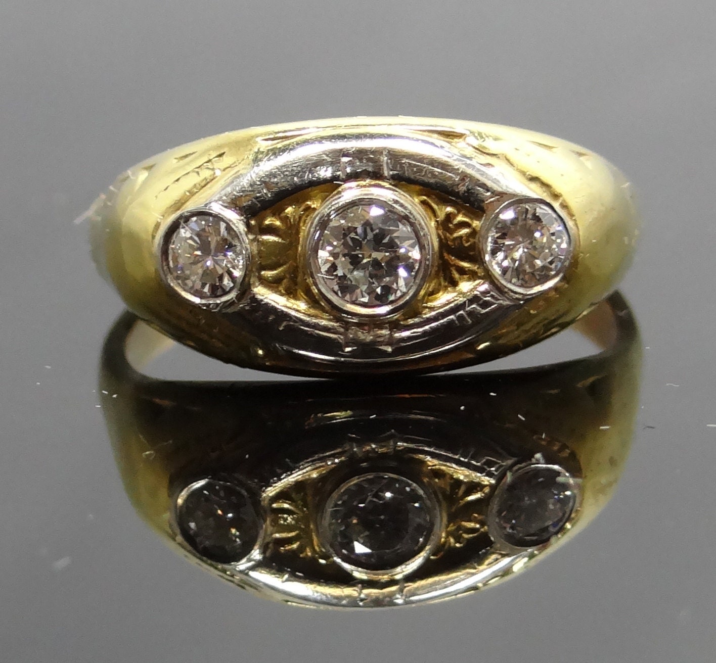 Amazing 18K Yellow and Platinum 1930s Diamond Three Stone Signet Ring - RGDI197P