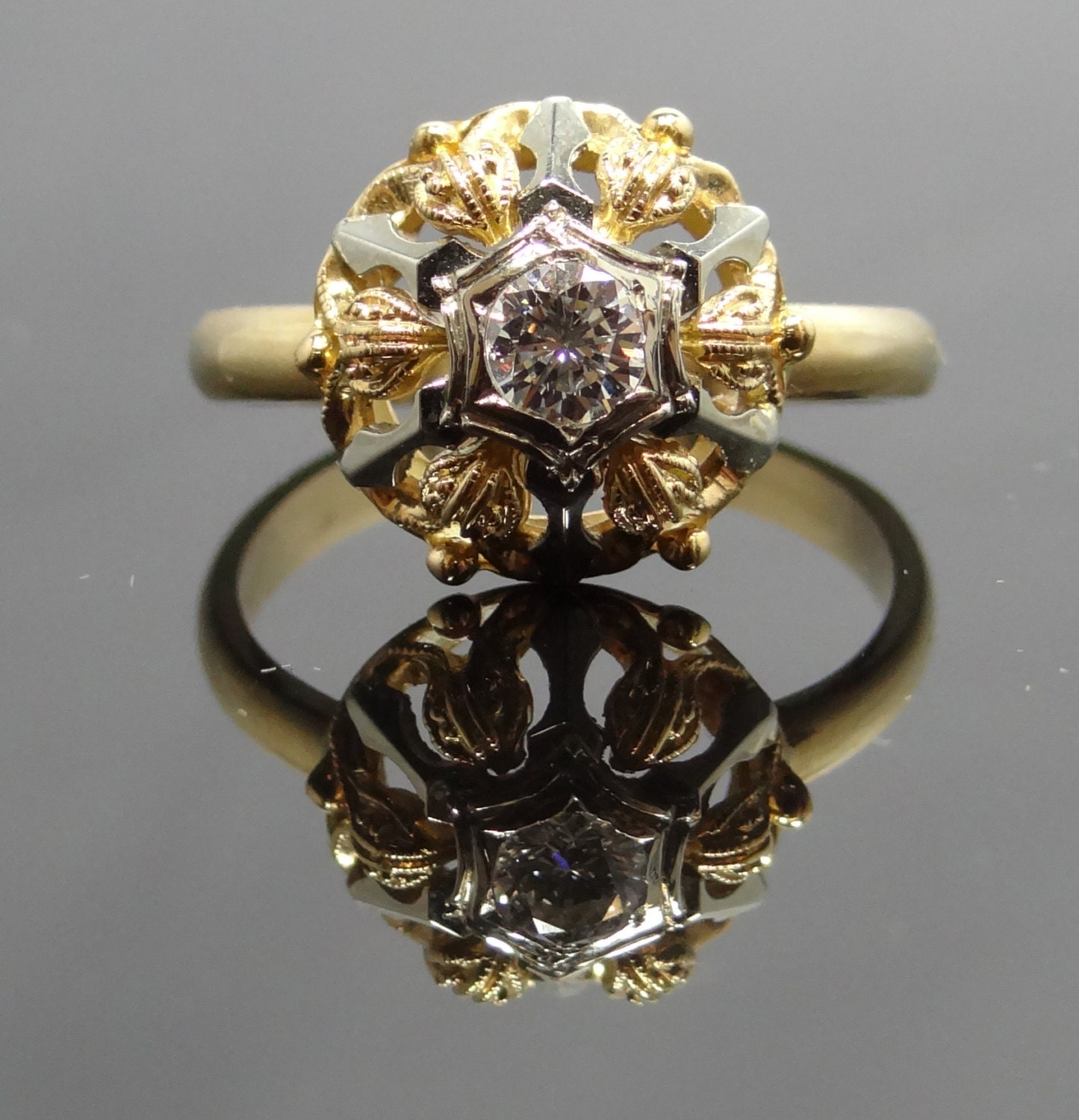 Amazing Hand Built Floral Star Pattern 14K and 18K Two-Tone Diamond Ring - RGDI199P