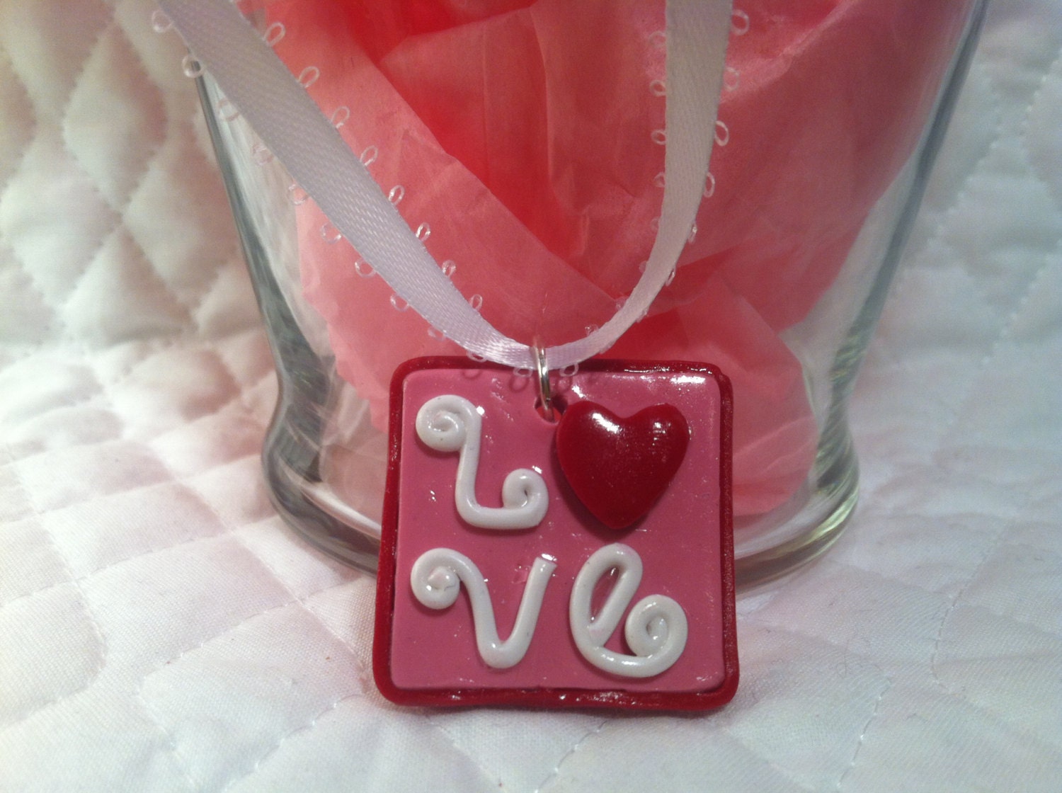 Handmade Polymer Clay "LOVE" Valentine Pendant Necklace
