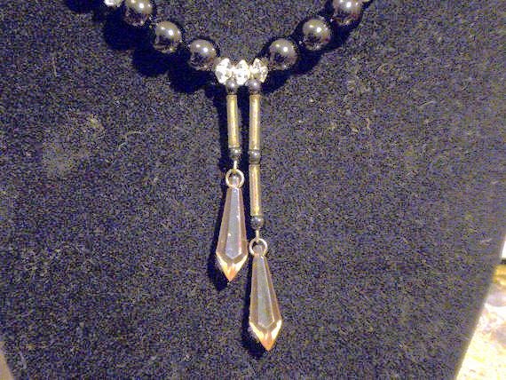 Vintage Crystal Sterling Silver Black Glass Beads Mother of Pearl and Briolette Amethyst Czech Crystals Necklace