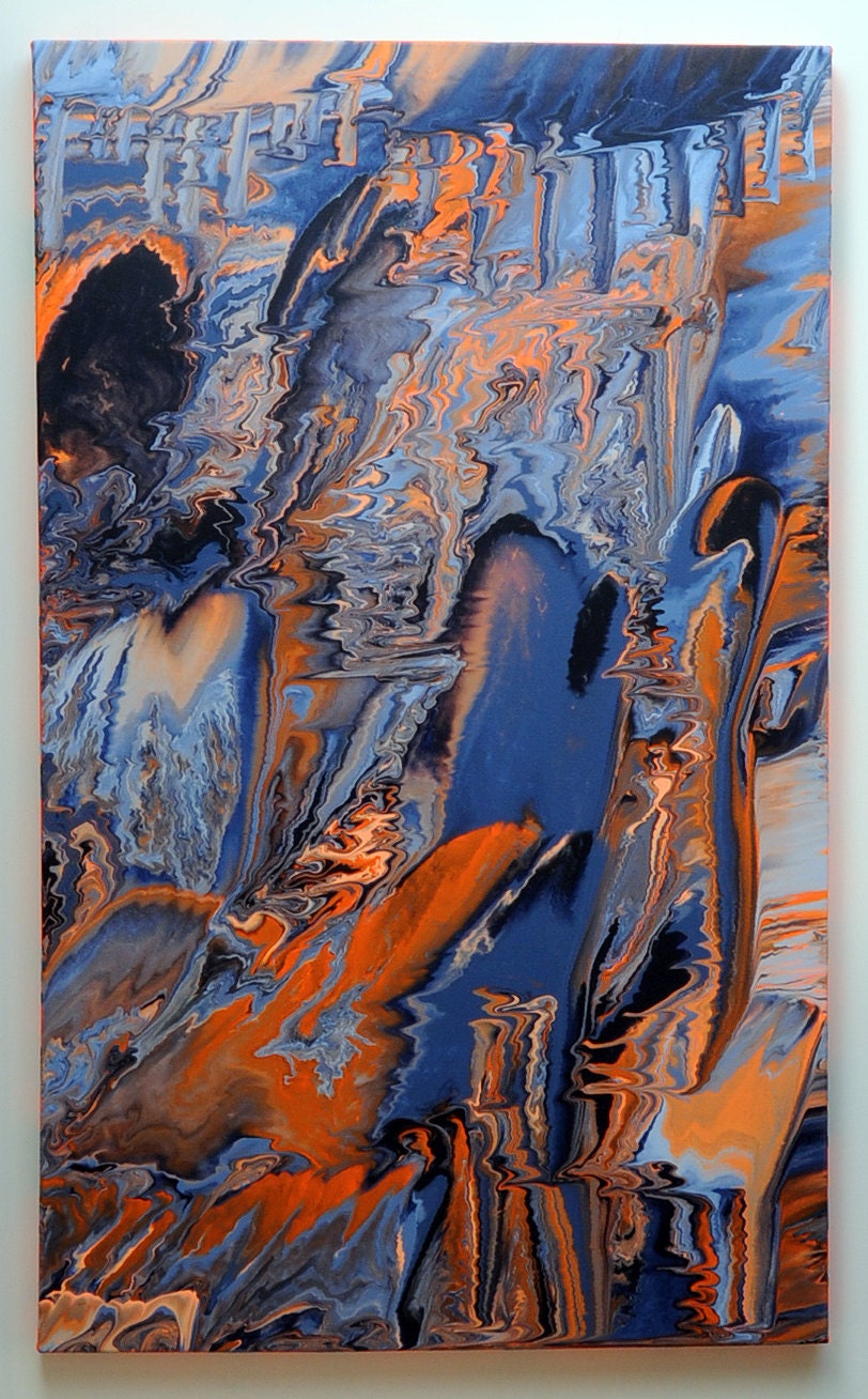 Original one of a kind modern drip abstract color study, Blue Grey and Orange acrylic painting