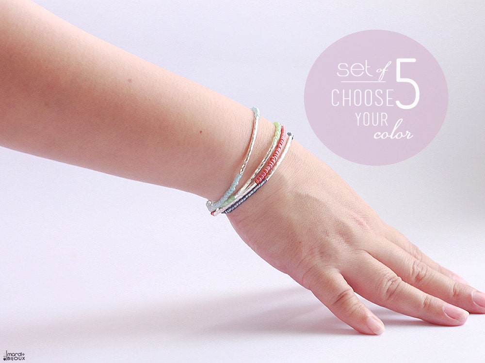 Set of 5 silver beaded bar bracelet - pastel spring trend friendship stacking layering thin modern minimalist dainty everyday jewelry