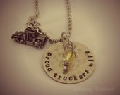 Proud Truckers Wife silver necklace silver hand stamped distressed with semi tractor and Swarovski crystal