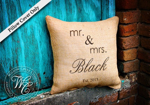 BURLAP PILLOW Personalized Wedding Gift - PILLOW with Family Name and Established Date Mr & Mrs