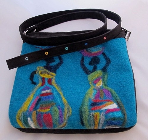 turquoise, black, shoulder bag, hand felted motif - alcantara, afican women