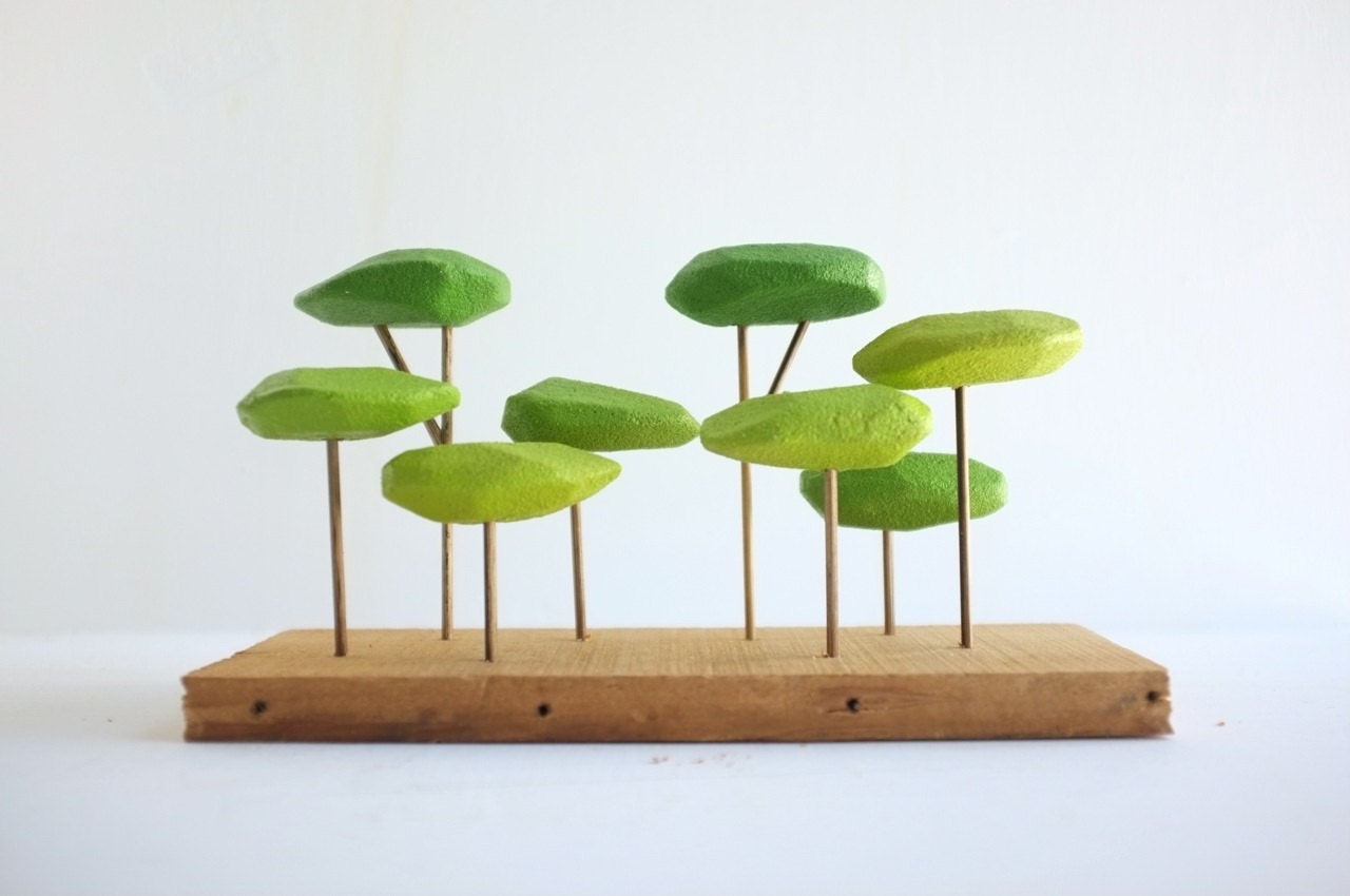 Tabletop stylized forest in shades of green, Japanese garden bonsai feel