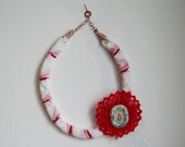 Art for home decor Cottage Chic white cotton and red lace handpainted ,red beads,ceramic, vintage woman  rustic wall hanging Centerpiece