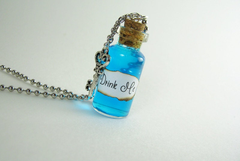 Drink Me II 2ml Glass Vial Glass Bottle Pendant Necklace - Alice in Wonderland Looking Glass Potion Key Stamped Metal