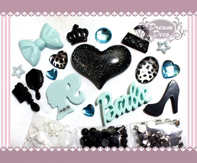 Blue & Black Kawaii Large Dazzling Heart  Bling Decoden Flatback Kit DIY cell phone case Cabochon Deco Set Kit with rhinestones DS680