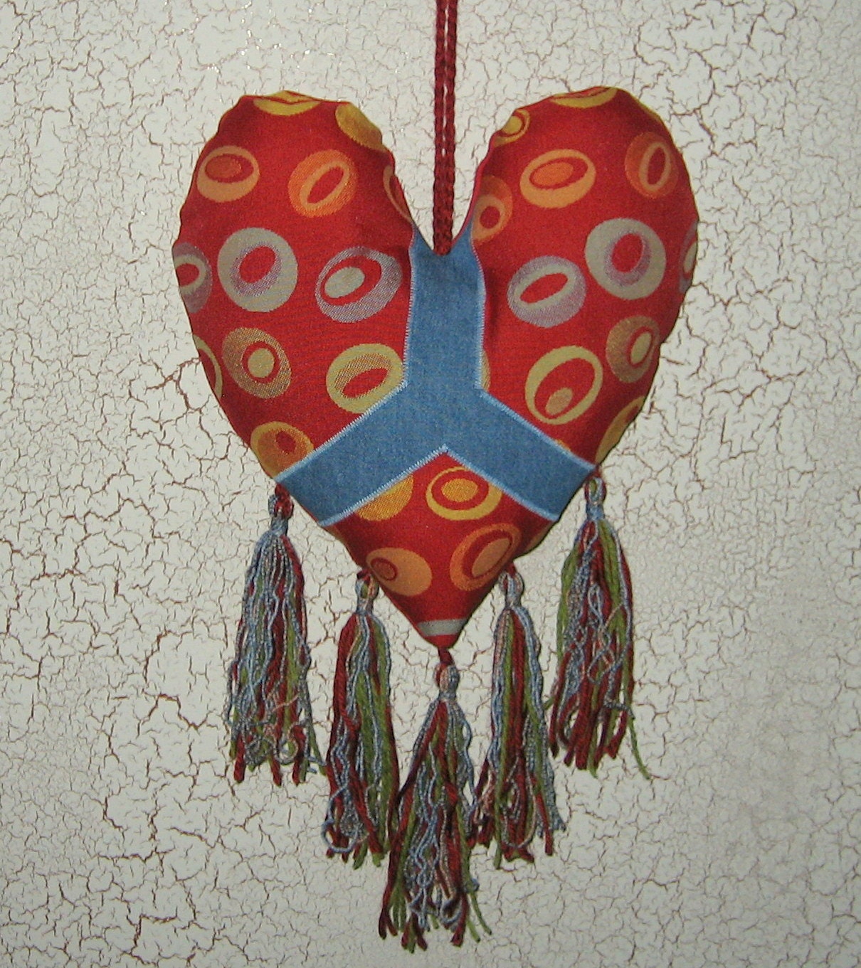 Peace / Love Hanging Heart Fiber Art - Soft Sculpture Handmade Recycled/Upcycled Valentines Day Fathers Day Mothers Day Wall Decor