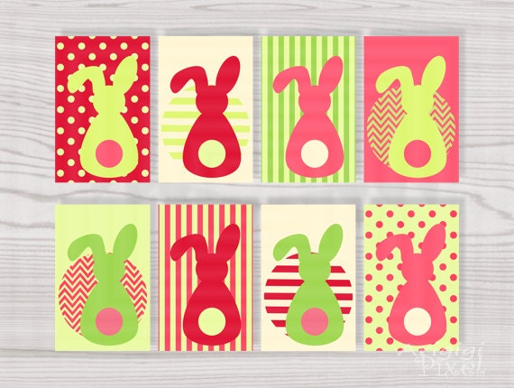 Printable Gift Tag Easter Bunny in Pink Red Green Spring Colors Instant Download Il_170x135