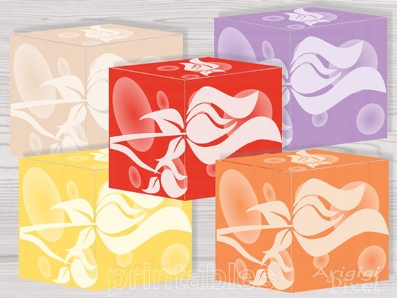 5 cube gift box printable PDF file spring colors DIY gift packaging flower rosebud instant download template Il_570xn