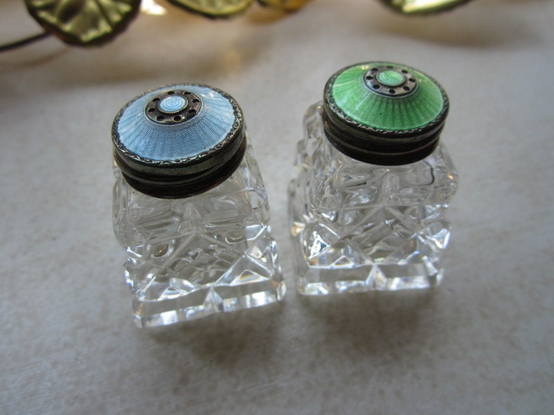 Sterling Guilloche Enamel Salt and Pepper Shakers Norway - Cut Crystal Green and Blue SS Salt & Pepper - Signed H.I. - Green Blue Enamel