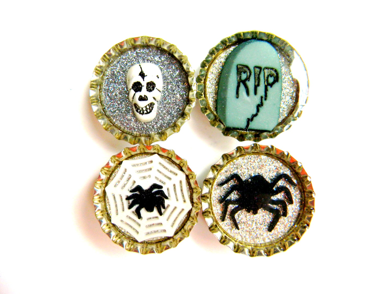 Magnet Set of 4 Halloween Skull Spider Tombstone and Web Glitter Resin Filled Bottle Cap Magnets