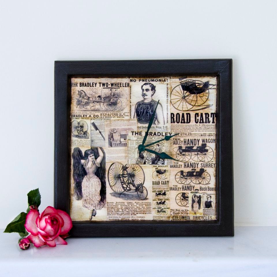 Retro, brown, decoupage,  wall clock with old  advertisements