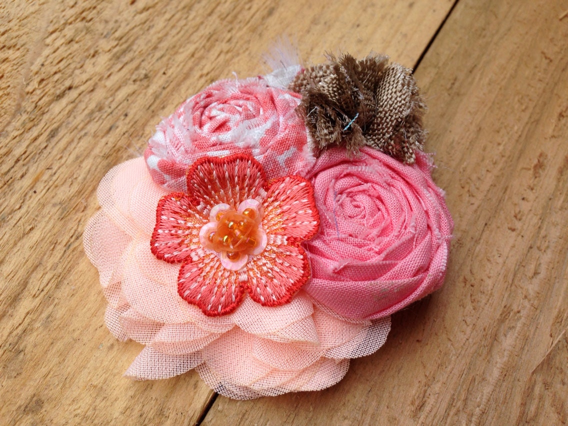 Toddler Headband Coral Peach Salmon Tan Gold Hemp Fabric Flower Rose Headband Clip Ponytail