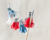 Red White Blue & Silver Glittered Fourth of July- Tassle Crepe Cake Topper, Wedding, engagement party