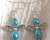 183 - Angel Earrings, Aqua Blue, Glass Pearls, Silver alloy wings, silver fishhook