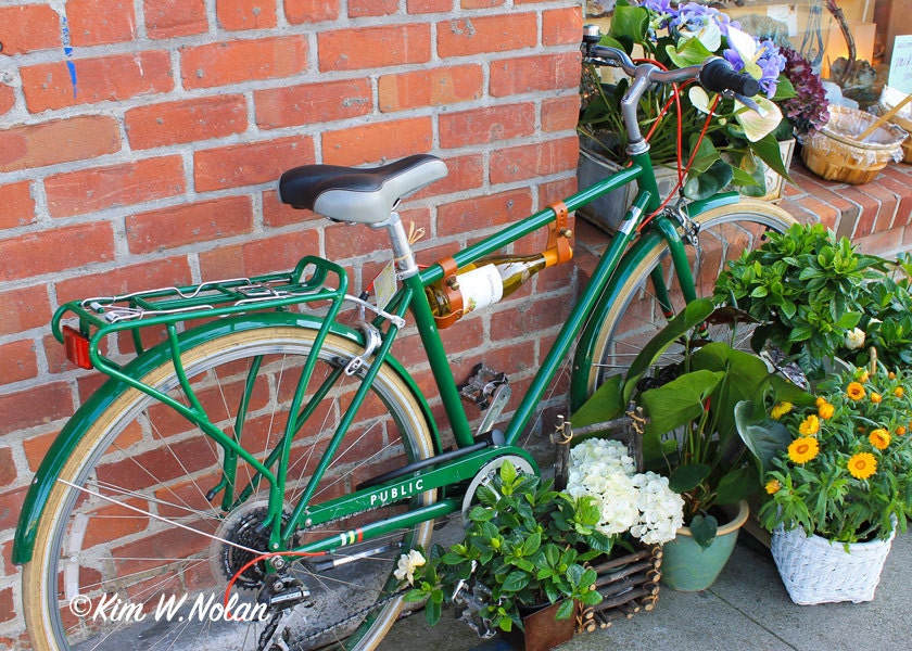 Bicycle with wine bottle photograph, 5x7 print in 8x10 mat, Fine Art Photography, Matted wall art, Bike, Cycling, Urban Art