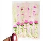 Pink Flower ACEO Watercolor Painting Giclee Print Fine Art Archival Butterflies Original Green Abstract Modern Spring Mothers Day GIft Idea