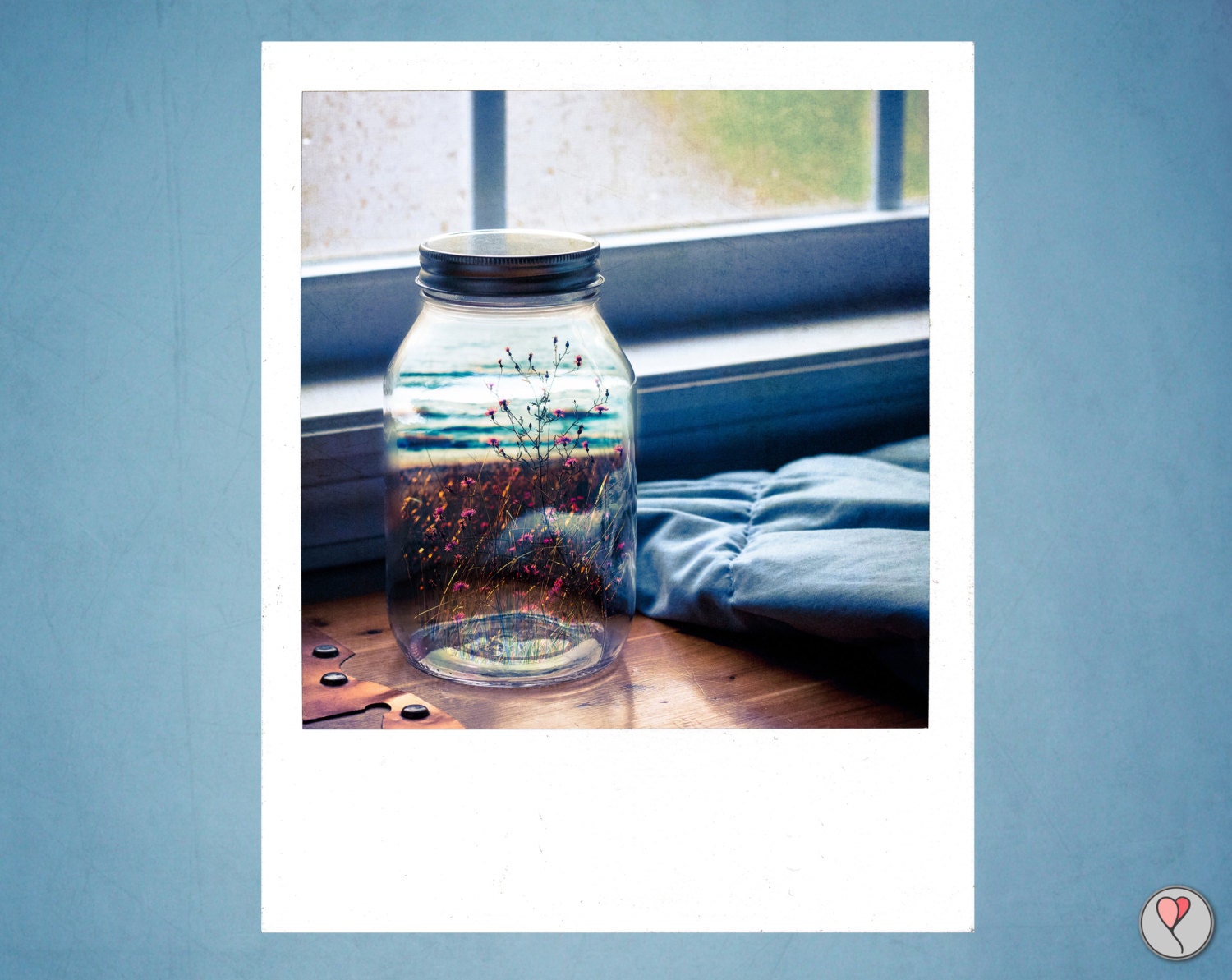 Summer print, Large polaroid style photo, surreal, fine art photography, jar, beach, wildflowers, lake, frame option, canvas option, 8x10