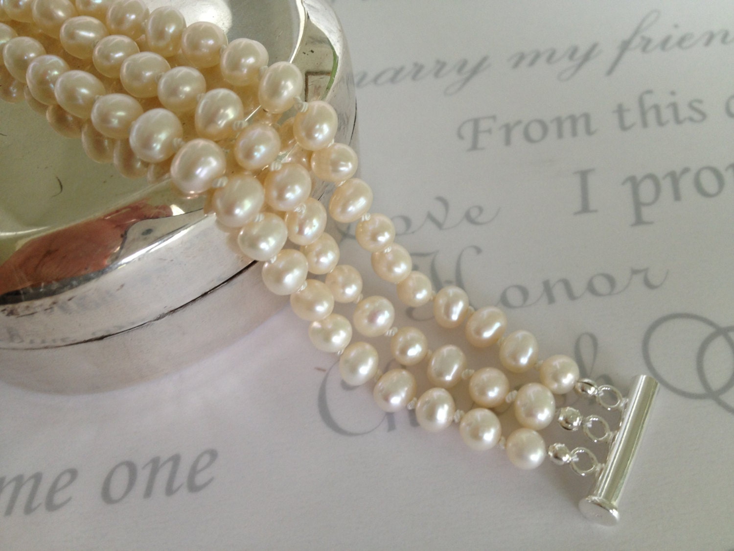 White Freshwater Pearl Triple  Bracelet, Pearl Cuff, Bridal Bracelet, Bridal Jewelry