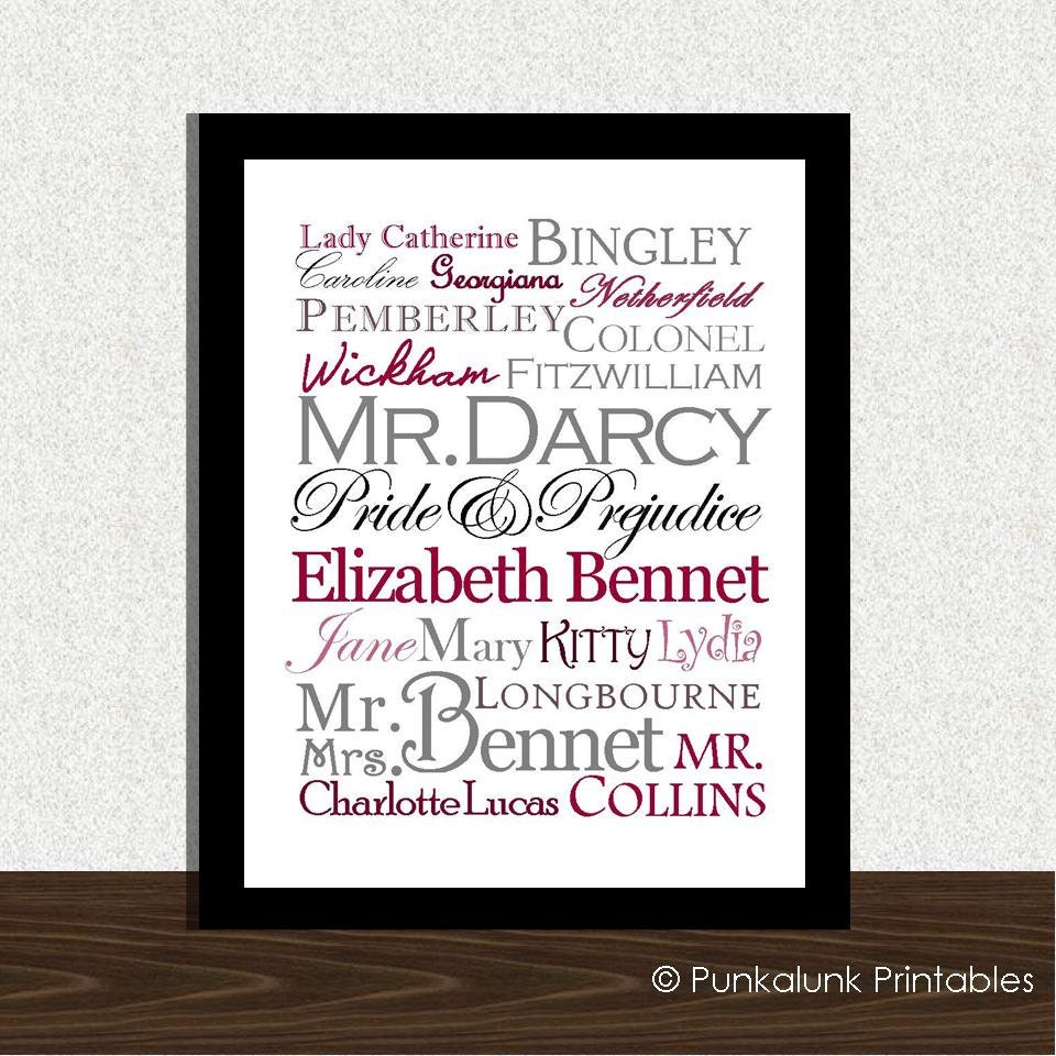 Pride and Prejudice INSTANT DOWNLOAD subway art printable - Jane Austen - Mr. Darcy - Elizabeth Bennet -  8x10 - JPEG