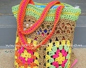 Handmade Crochet Granny Square Flower Farmers Market Reusable Shopping Bag Purse Tote