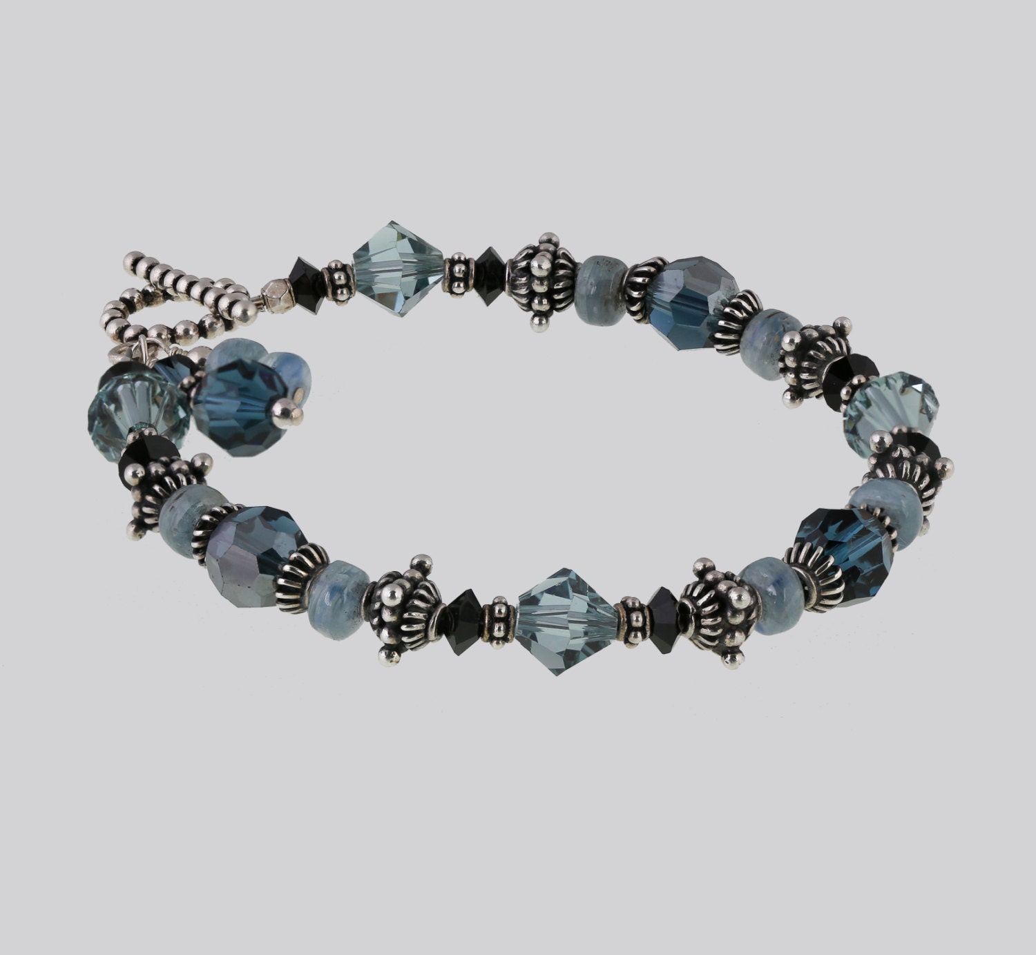 Custom Sterling Silver Bracelet w/Bali Beads, Swarovski Crystals and Blue Kyanite Semi-Precious Stones