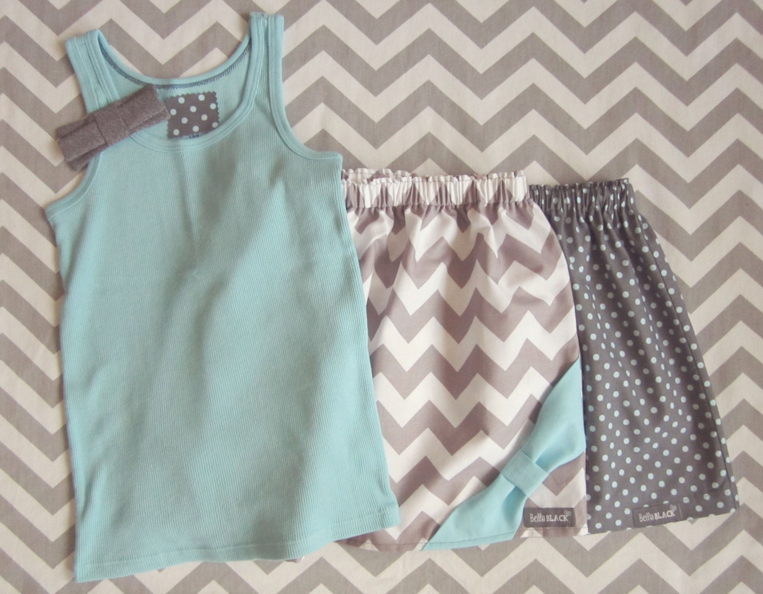 Gray Chevron & Gray Dot Girls Skirts and Matching Bow Embellished Tank 3 Pc Outfit - 6m, 12m, 18m, 2T, 3T, 4T, 5, 6, 7/8, 9/10