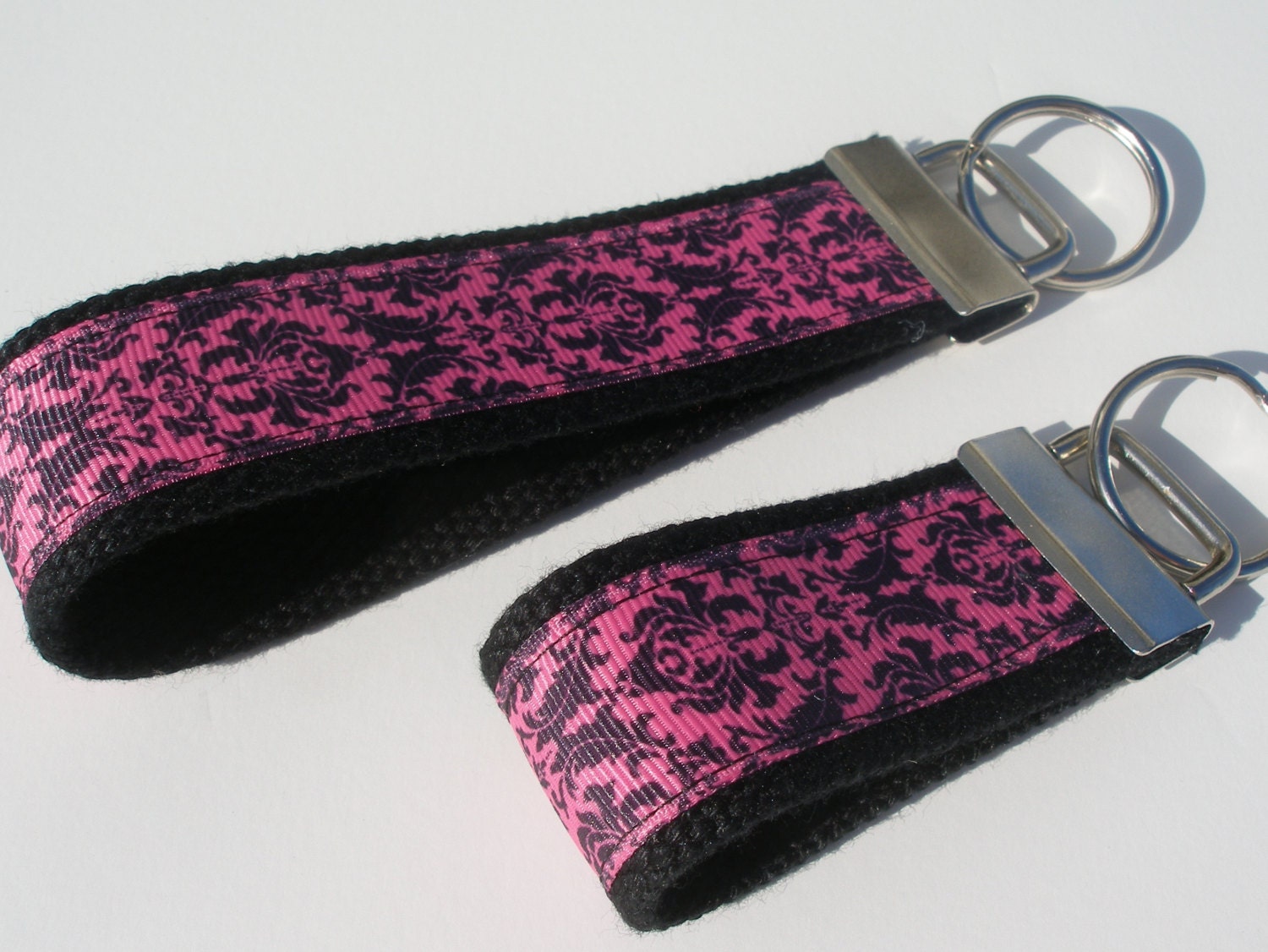 Hot Pink Damask Key Fob - Key Ring, Key Chain - choices of sizes, full wrist or mini
