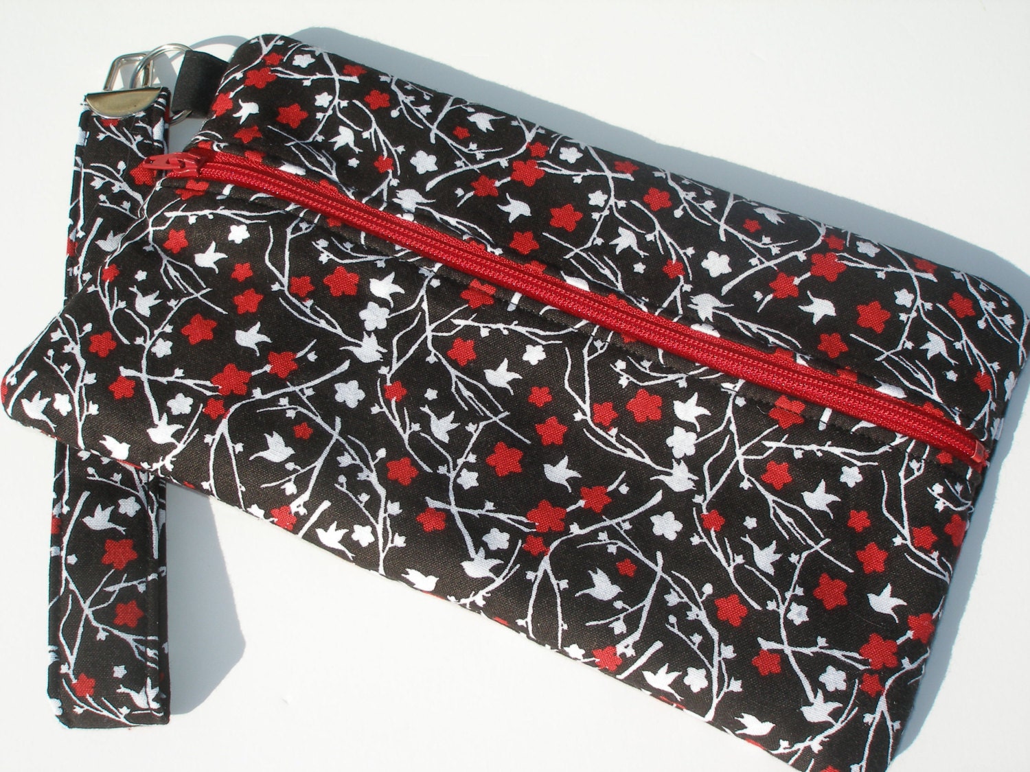 Red and Black Cherry Blossom Print Wristlet - Clutch Bag - Purse - Zipper Pouch