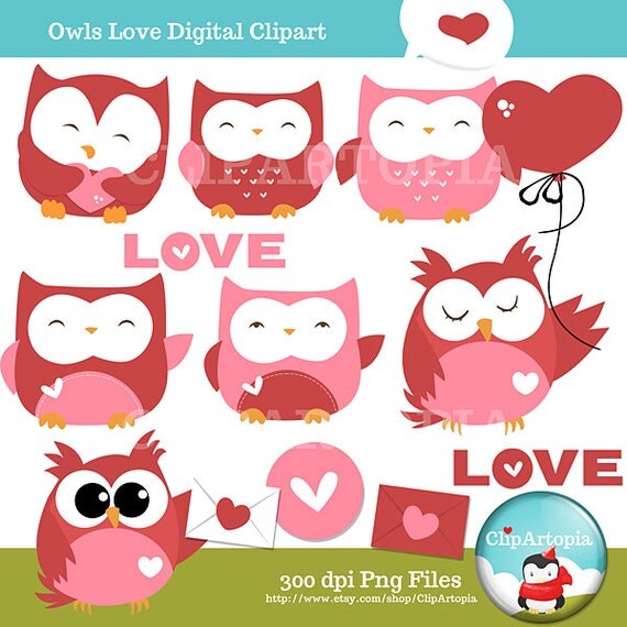 Owls Love Valentine Cute Owls Digital Clipart for Invitations, Card Design, Web Design and Scrapbooking. Il_570xn