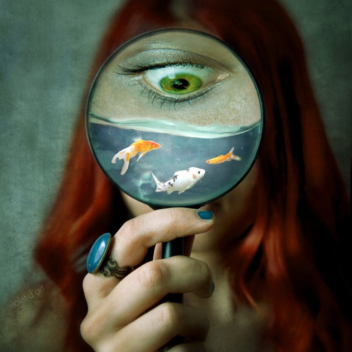 Fine Art Conceptual Photograph. Surreal photo, abstract, portrait, dark, water, fish, green eye