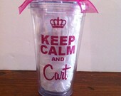 Keep Calm and Cart, 16oz clear tumbler with pink glitter vinyl