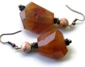 Burnt Orange Dangle Earrings/ Large Chunky Faceted Natural Semiprecious Carnelian Agate Jasper Stone Earrings/ OOAK Unique
