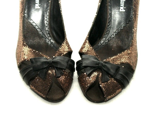 Vintage Women' Bronze Glitter Sequin Shoes / Pump w Black Leather Bow, Open Toes, and Low Heels