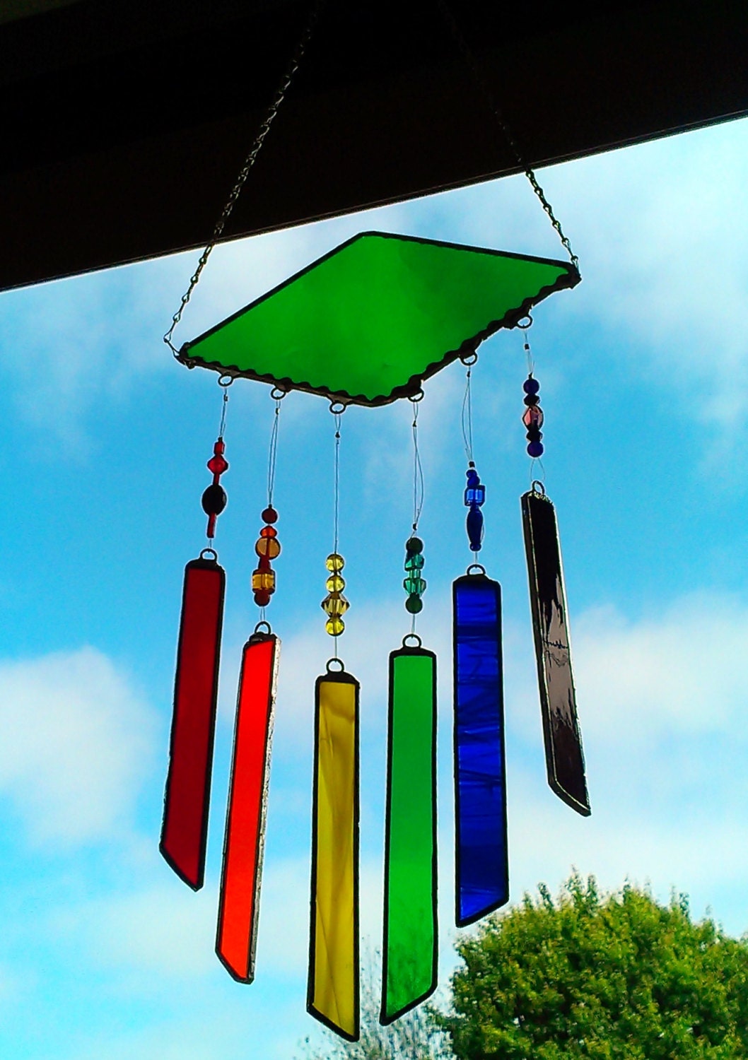 Stained Glass Wind Chimes Spring Green with Rainbow of Colors and Decorative Glass Beads