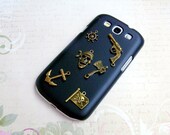 Deluxe COPPER Alloy 3D Caribbean Pirates Skull Axe Gun Ship Steering Wheel Anchor Leather Hard Case Cover for Samsung Galaxy S3 i9300 Black