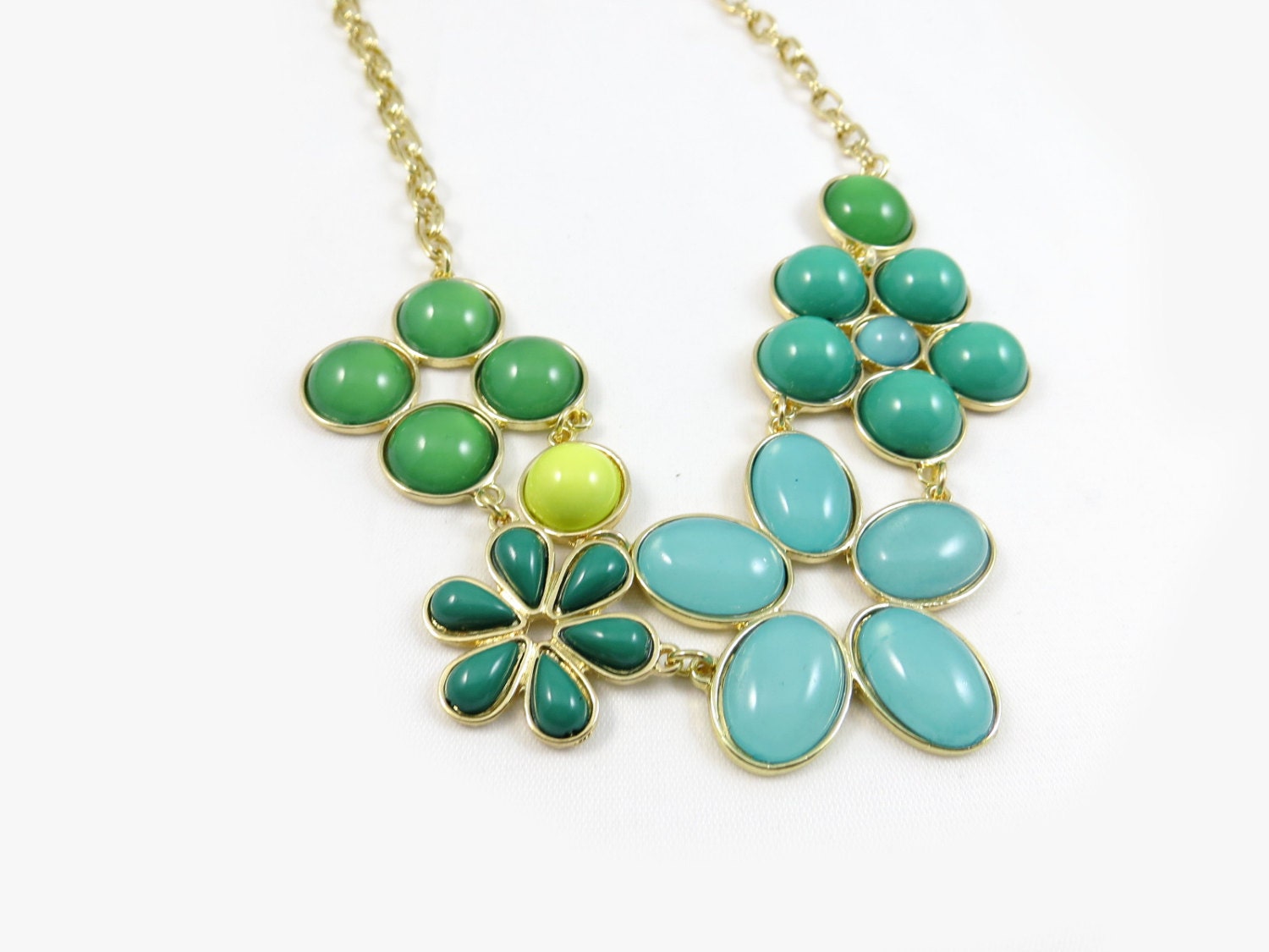 Green Seafoam Aqua Cabochon Stone Floral Chunky Bib Statement Necklace