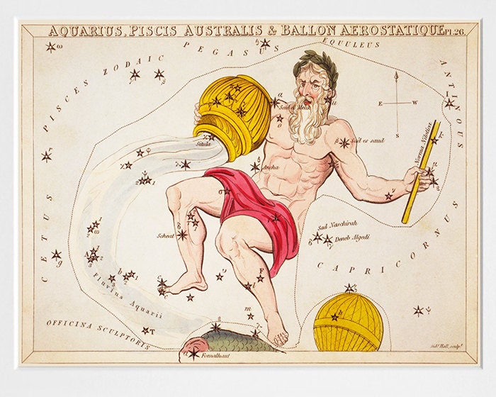 Aquarius - Signs of the Zodiac - Astrological Chart - 19th Century  - 12" x 16" - Art Print