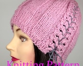 Knitting Pattern for Ribbed Cabled Lace up Beanie Hat, PDF File Instant Download